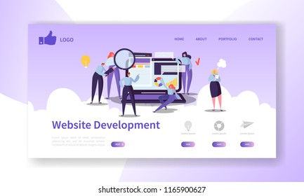 Website Development Landing Page Template. Mobile Application Layout with Flat People Characters and Laptop. Easy to Edit and Customize. Vector illustration