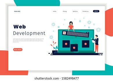 Website development landing page templates with people who work together. The design can be used for websites, landing pages, UI, mobile applications, posters, banners