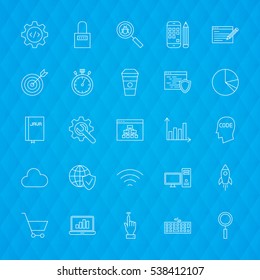 Website Development Line Icons. Vector Illustration of Coding Symbols over Polygonal Background.