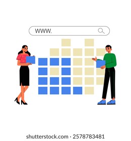 Website Development With Male And Female Designers In Flat Vector Illustration Symbolizing Web Optimization, UI, UX Design, And Digital Strategy, Isolated On White Background