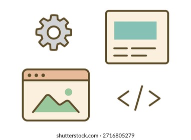 Conjunto De Iconos De Desarrollo Y Administración De Sitios web Que Representan Configuraciones, Diseño De Página, Contenido De Imagen Y Codificación Para Diseño web, Diseño De Interfaz De Usuario, Configuración Del Sistema Y Conceptos De Servicio Digital