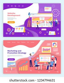 Website development, marketing and promotion strategy set vector. People optimizing data on internet, cogwheels and tools helping to code for customer