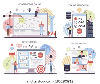 Website-Entwicklung Online-Service oder Plattform-Set. Support- und Entwicklungsservice. Online-Konstruktor, Briefing, Forum, Anwendung. Einzige flache Abbildung