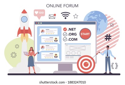 Website development online service or platform. Support and development service. Online forum. Isolated flat illustration
