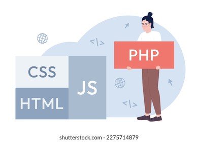 Website development process flat concept vector spot illustration. Editable 2D cartoon character on white for web design. Selecting programming languages creative idea. Outfit Medium font used
