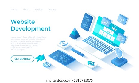 Website Development Programming Coding. Design, user experience UX, user interface UI. Website layout elements. Landing page template for web on white background.	
