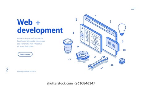 Website development programming and coding web banner isometric vector illustration. Software digital technology code program database engineering script cyberspace site construction landing page