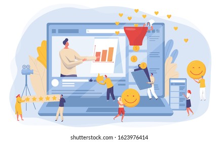Website development and social media marketing concept, vector web illustration. Creative flat design for landing page, business presentation, online advertising. People cartoon characters create