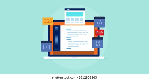 Website development, Software coding, Website programming language, Writing codes, Application development - vector illustration background with icons