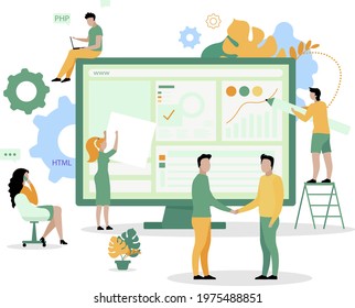 Website development squad flat concept vector illustration. Writing computer software 2D cartoon characters for web design. Collaboration. Web developers. Human resource efforts creative idea