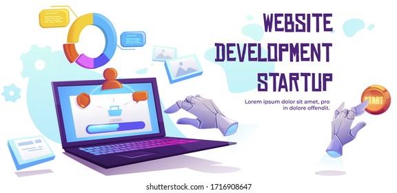 Website development startup banner. Launch project in web technologies. Vector landing page of internet product development with cartoon illustration of laptop, diagram and start button