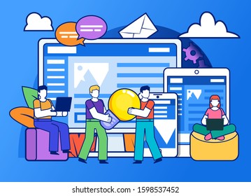 Website development team, agency. Group of people stand near big screen, phone, tablet. Poster for social media, web page, banner, presentation. Flat design vector illustration