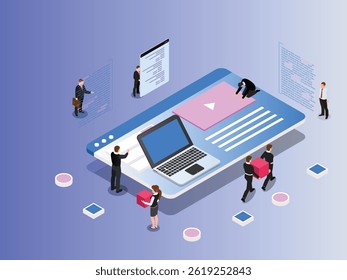 website development team collaborating on a large webpage interface displayed on a screen 3d isometric vector