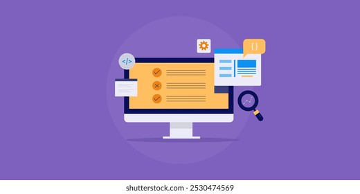 Website development, Website testing, Website code analysis, SEO friendly web design, Landing page design for conversion - vector illustration background with icons