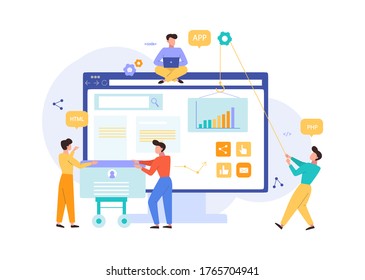 Website development tools for services Internet concept. Programmers write code php make up site html, create modern design with information about services. Vector hosting style.