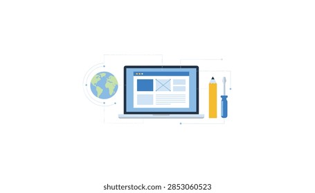 Website development and UI design concept featuring a laptop computer, digital globe, pencil, and screwdriver.