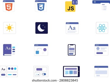 Website development UI illustration pack featuring HTML5, CSS3, JavaScript, React, responsive web design, frontend development, dashboard illustrations for websites.