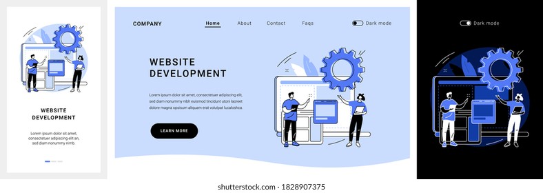 Website development website UI kit. Webpage programming, software deployment business, website layout, front end development, back end, web design company landing and mobile app vector UI template.