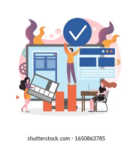 Website development vector concept with huge computer monitor and micro male and female characters web designers. Teamwork, web designer services composition for web banner, website page etc.