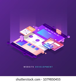 Website development vector illustration. Colorful Web page isometric icon. Modern landing page. Site building. Eps 10.