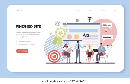 Banner o página de inicio del desarrollo del sitio web. Servicio de apoyo y desarrollo. Programación de páginas Web y creación de una interfaz receptiva. Ilustración plana aislada