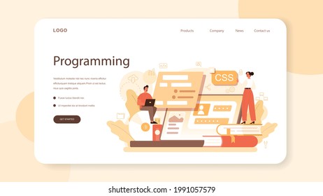 Website development web banner or landing page. Building and development process. Web page programming and codding. Digital specialist. Isolated flat illustration