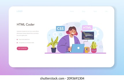 Website development web banner or landing page. HTML coding process. Digital specialist creating a web page with code programming language. Isolated flat illustration