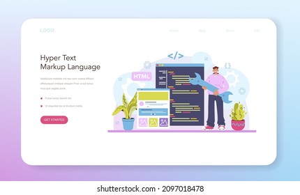 Website development web banner or landing page. HTML coding process. Digital specialist creating a web page with code programming language. Isolated flat illustration