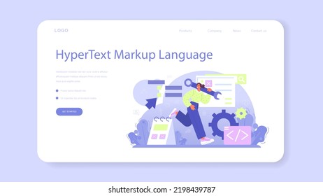 Website development web banner or landing page. HTML coding process. Digital specialist creating a web page with code programming language. Flat vector illustration