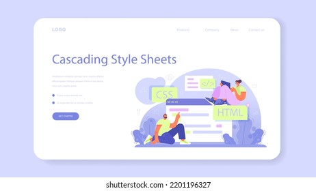 Website development web banner or landing page. HTML coding process. Digital specialist creating a web page with code programming language. Flat vector illustration