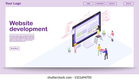 Website development webpage vector template with isometric illustration. Website builder. People building website 3d concept. Webpage construction. Team create interface isolated clipart