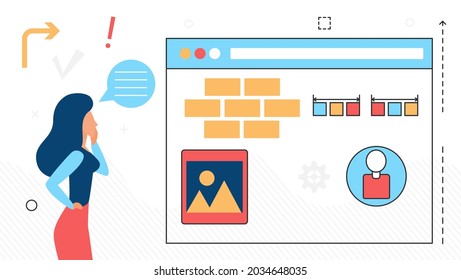 Website development, woman character and web content analysis line icon isolated on white