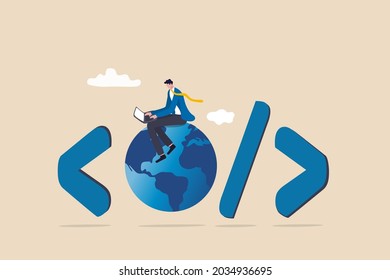 Website development, www application coding, technology create online cyberspace software connect through the internet concept, software engineer coding on laptop sitting on globe with coding symbol.