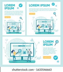 Website for Disabled People Flat Cartoon Banner Vector Illustration. Woman Holding Magnifying Glass to Zoom Text or Change Font Size. Man Speaking into Megaphone. Voicing or Speaking out Info.