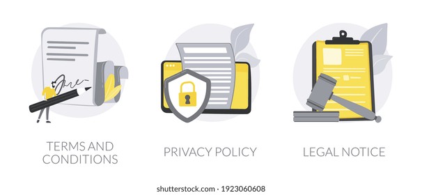 Website-Disclaimer abstraktes Konzept Vektorgrafik-Set. Allgemeine Geschäftsbedingungen, Datenschutzrichtlinien, rechtliche Hinweise, Menüleiste-Design, Unternehmensregeln, UI-Element, abstrakte Metapher für Benutzer.
