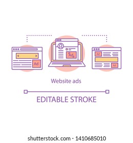 Website display ads concept icon. Laptop with social media advertising website
idea thin line illustration. Online advertising. Social ads digital marketing  vector isolated drawing. Editable stroke