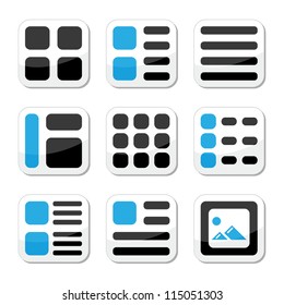 Website display options and photo gallery view icons set