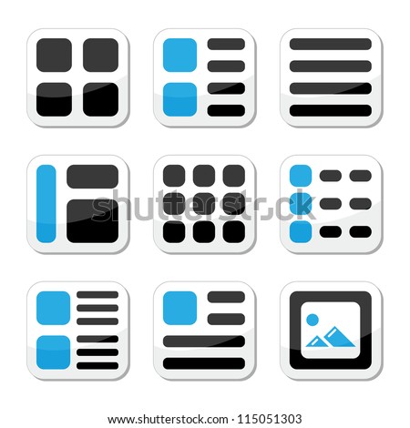 Website display options and photo gallery view icons set