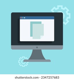 Website documents on computer monitor. App screen on pc vector object. Work with document illustration concept.