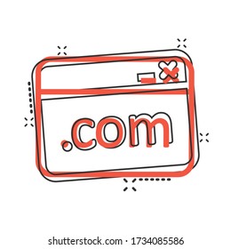 Website domain icon in comic style. Com internet address cartoon vector illustration on white isolated background. Server splash effect business concept.