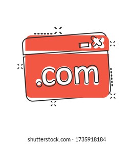 Website domain icon in comic style. Com internet address cartoon vector illustration on white isolated background. Server splash effect business concept.