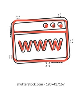 Website domain icon in comic style. Com internet address cartoon vector illustration on white isolated background. Server splash effect business concept.