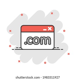 Website domain icon in comic style. Com internet address cartoon vector illustration on white isolated background. Server splash effect business concept.