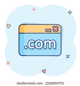 Website domain icon in comic style. Com internet address cartoon vector illustration on white isolated background. Server splash effect business concept.