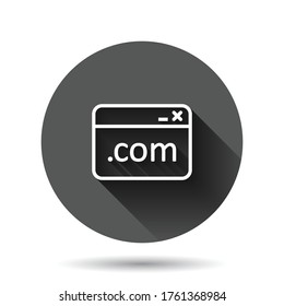 Website domain icon in flat style. Com internet address vector illustration on black round background with long shadow effect. Server circle button business concept.