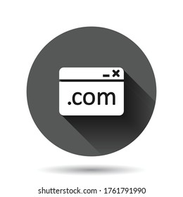 Website domain icon in flat style. Com internet address vector illustration on black round background with long shadow effect. Server circle button business concept.