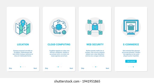 Website e-commerce safe internet service vector illustration. UX, UI onboarding mobile app page screen set with line location, cloud computing technology, security and secure commerce in web symbols