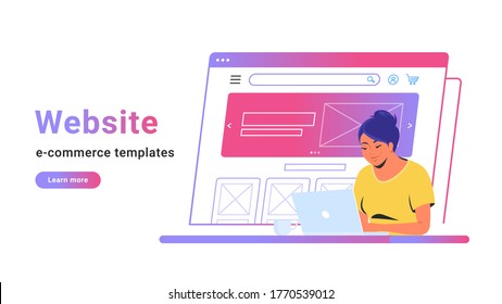 Website E-commerce Template To Create Electronic Store Online. Creative Vector Illustration Of Cute Woman Working With Laptop, Building Her Own Website For Selling Goods Or Personal Site With Banner.