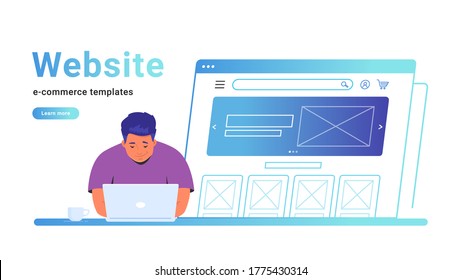 Website e-commerce template to create an electronic store online. Creative vector illustration of cute man working with laptop, building her own website for selling goods or personal site with banner.