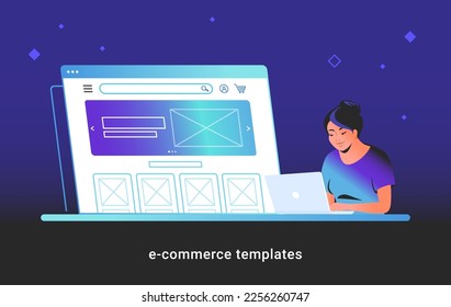 Website e-commerce template to create an electronic store online. Creative vector illustration of cute woman working with laptop, building her own website or personal site with banner.